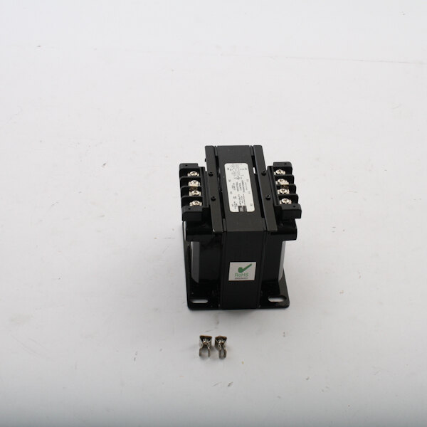 A black Blakeslee transformer with silver metal wires and a screw.