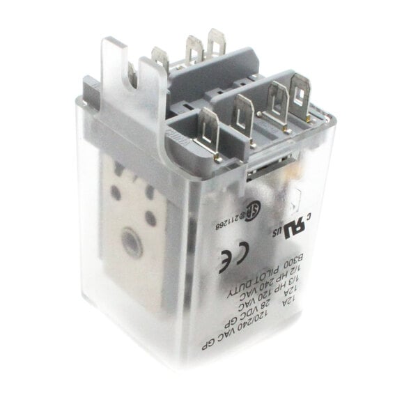 A close-up of a clear plastic Delfield relay.