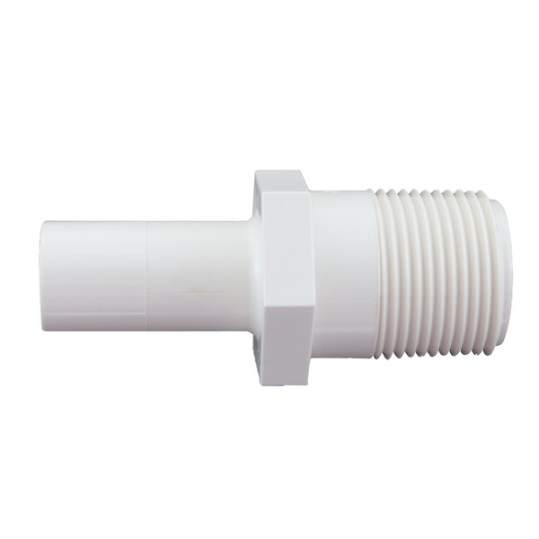 A white plastic pipe fitting with a white thread on a white pipe.