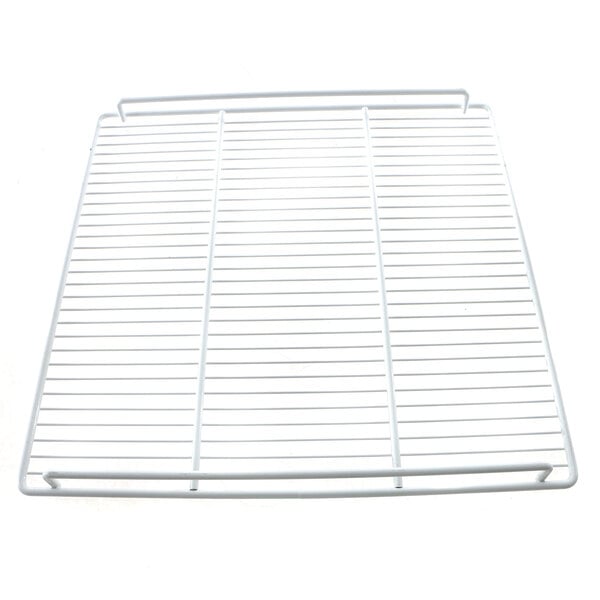 A white wire rack for a Hussmann commercial refrigerator with a handle on it.