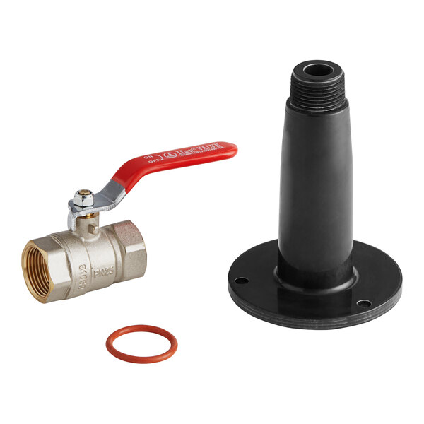 A black and red Vollrath drain valve with a black rubber ring.