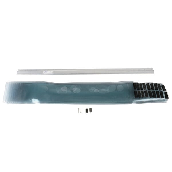 A white rectangular plastic Kason strip curtain set with black and grey strips.