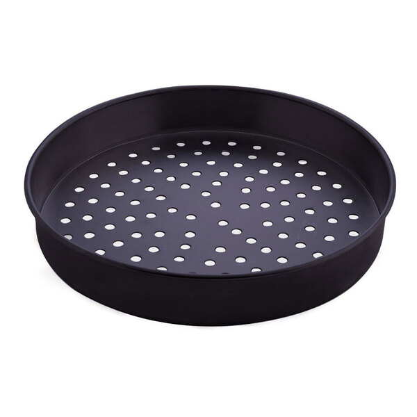 An American Metalcraft Super Perforated Hard Coat Anodized Aluminum Pizza Pan with holes in it.