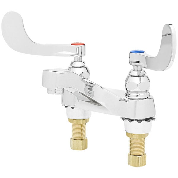 A T&S chrome medical faucet with wrist action handles.