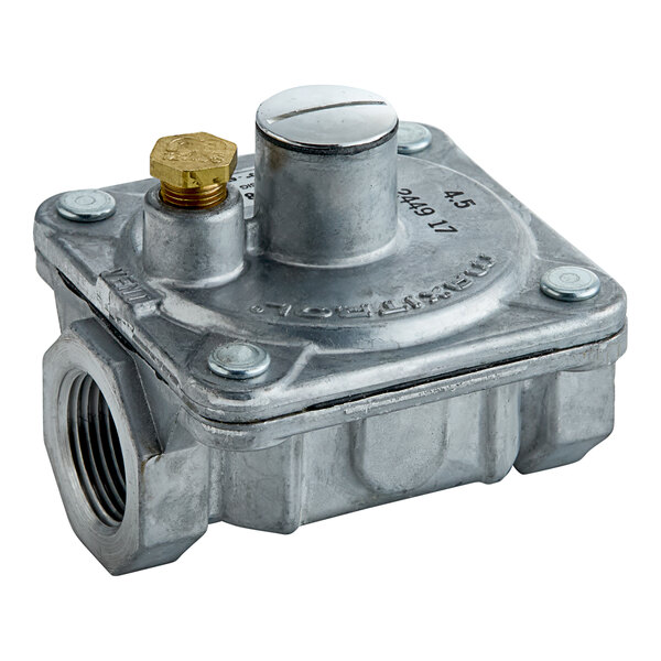 A metal US Range regulator with a brass nut on top.