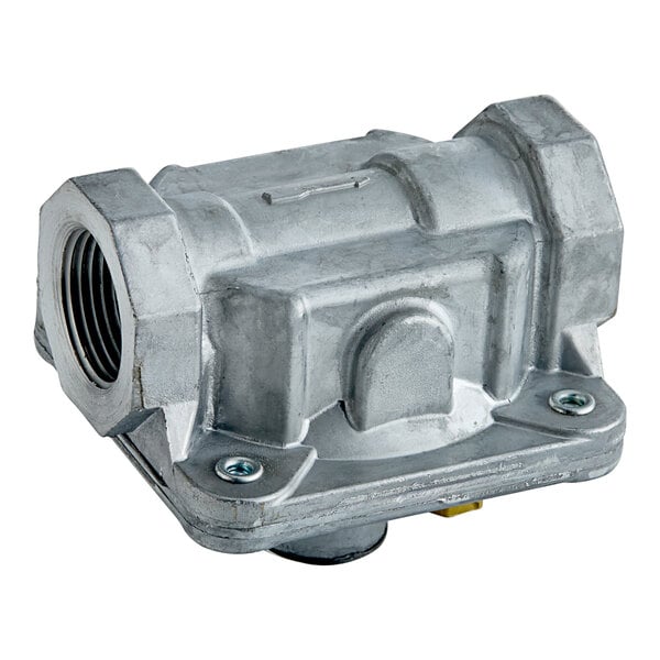 A silver metal Garland natural gas regulator with a nut on one end.