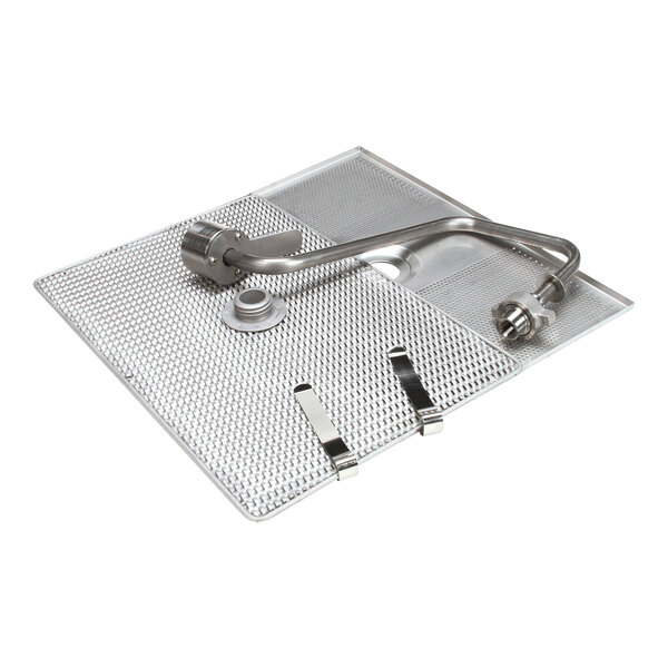 A stainless steel metal plate with a metal screen and pipe.