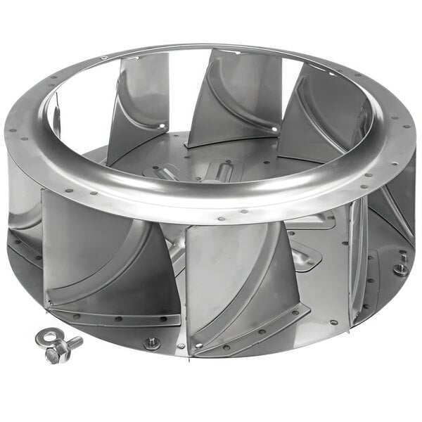 A metal circular fan wheel with holes and screws.