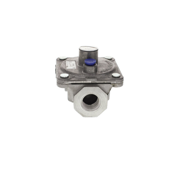 A close-up of a Crown Steam pressure regulator valve with a blue handle.