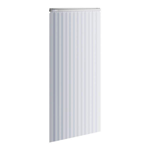 A white and silver striped Kason Easimount strip curtain hanging on a white wall.