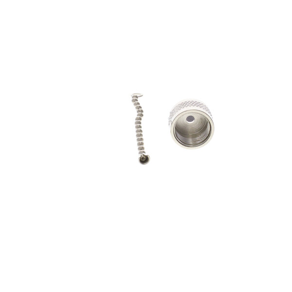 A close-up of a metal APW Wyott drain cap screw.