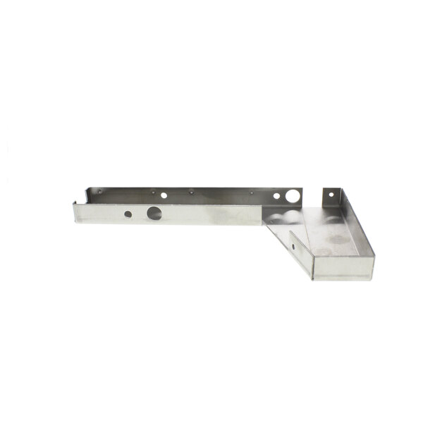 A metal corner bracket with two holes on it.