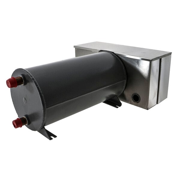 A black metal cylinder with red knobs.