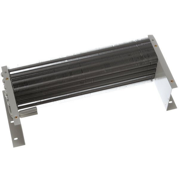 A close-up of a metal heat exchanger.