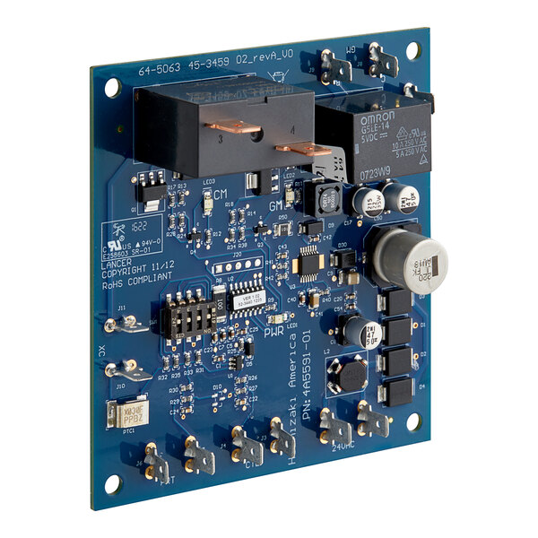 A close-up of a Hoshizaki timer board with blue and white components.