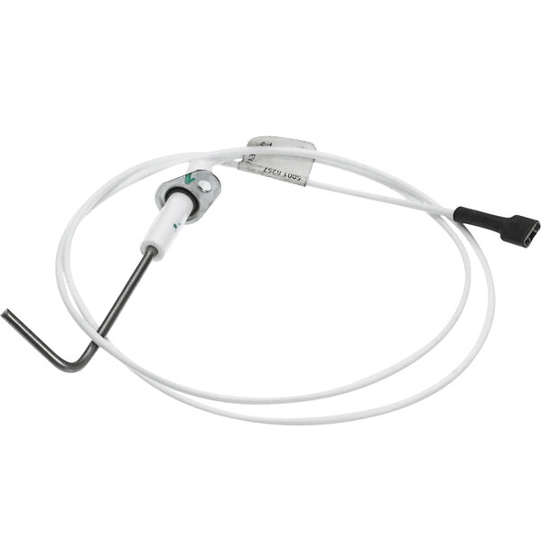 A white cable with a black connector and a white plug with a white wire and a hook.