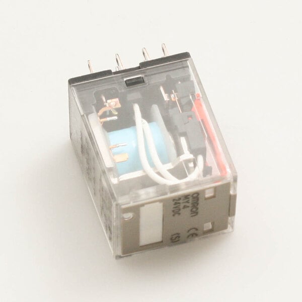 A Blodgett 39786 relay in a clear plastic box with wires and a small blue coil.