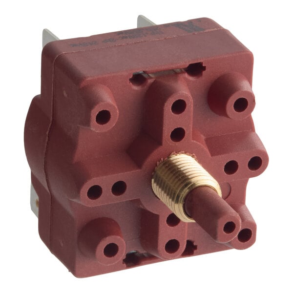 A red rotary power saver switch with a brass threaded shaft, designed for electrical control applications.