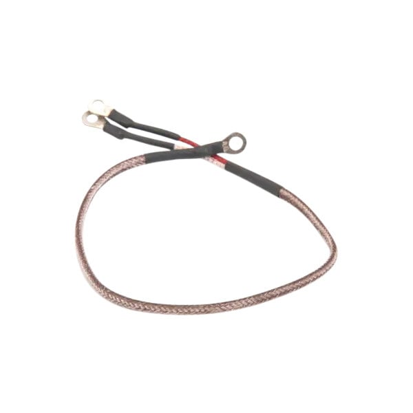 A braided thermocouple wire with ring terminal connectors at each end.