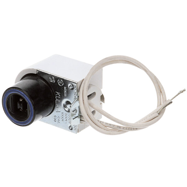 A white Hussmann Lampholder Snap-N-Telescoped with black electrical parts.
