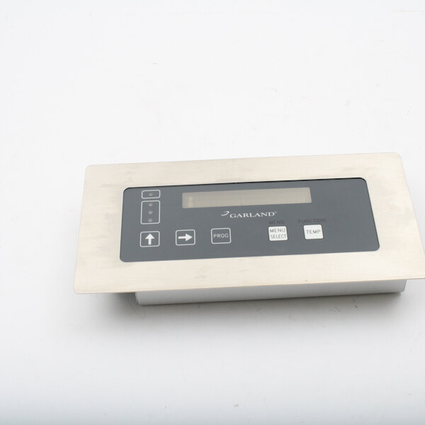 A rectangular digital control panel with buttons and a screen for a Garland sandwich and panini grill.