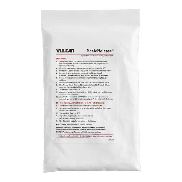 A white plastic bag of Hobart 14 oz. Deliming Solution with red text.