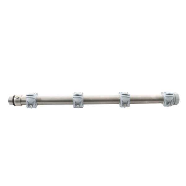 A Champion spray pipe with white plastic clips on a metal rod.