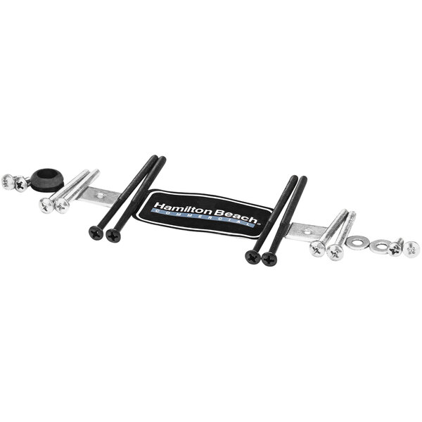 A black and white handle bar with two bolts attached using a screwdriver.