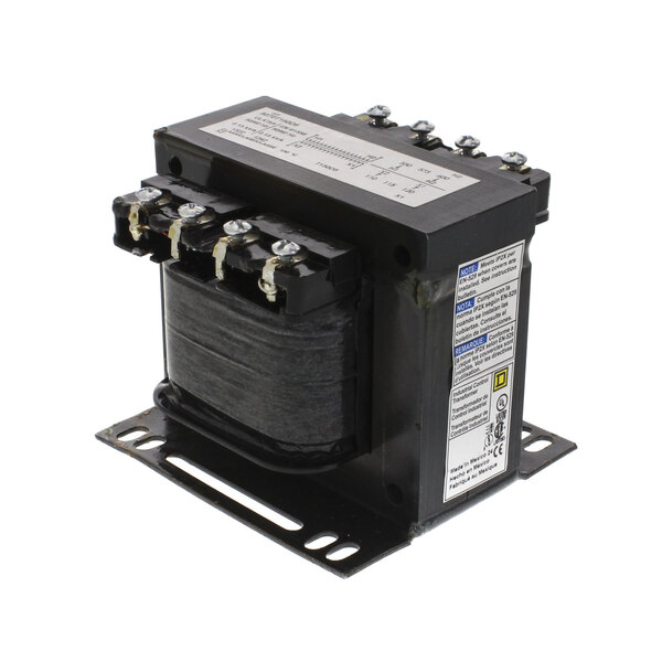 A close-up of a black Hobart Transformer with white labels.