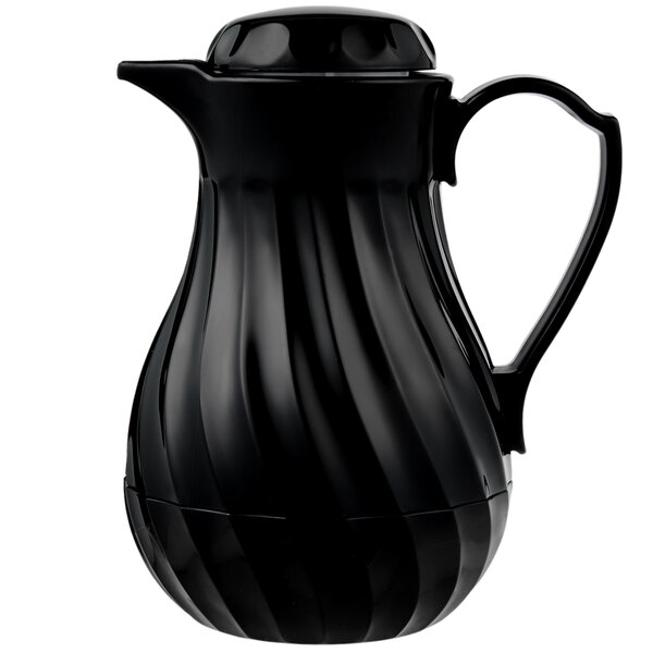 A black Vollrath SwirlServe coffee server with a handle.