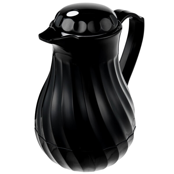 A black Vollrath SwirlServe coffee pitcher with a lid and handle.