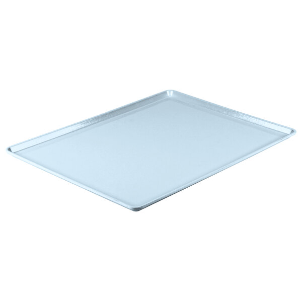 A white rectangular tray with a blue rim.