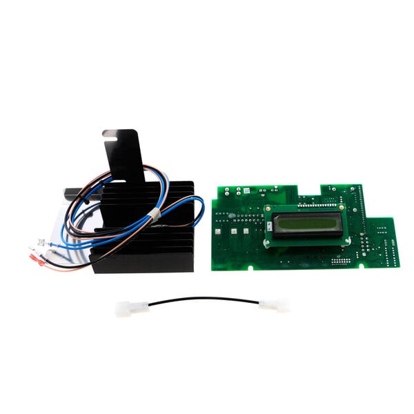 A green circuit board with wires and a black rectangular display.