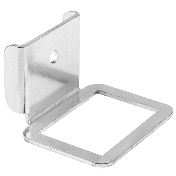 A stainless steel APW Wyott metal bracket with a hole.