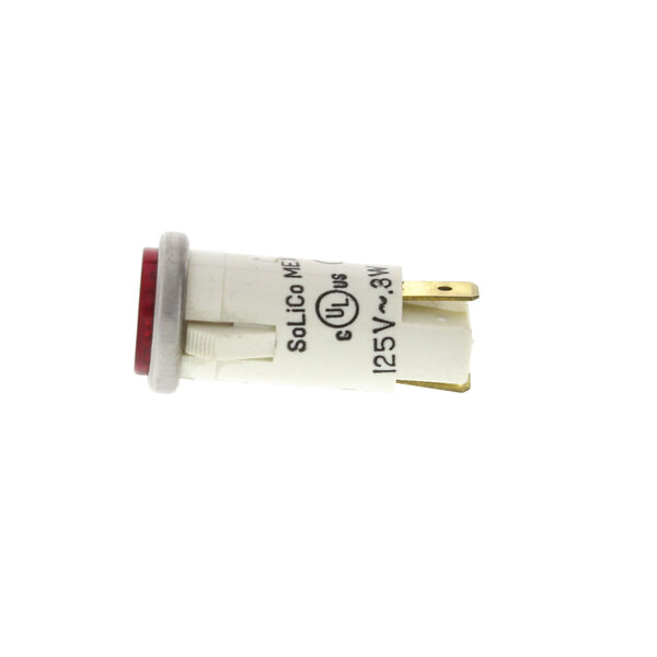 A close-up of a red and white Hoshizaki lamp lens on a white background.
