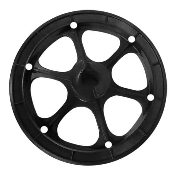 A black Alliance Laundry pulley wheel with many spokes.