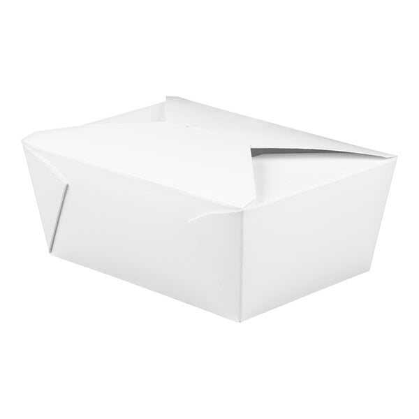 A white Fold-Pak Bio-Pak take-out box with a lid.