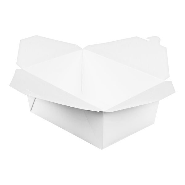A white Fold-Pak Bio-Pak paper take-out box with an open lid.