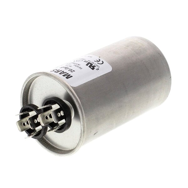 A silver round Hoshizaki capacitor with black rubber seals.