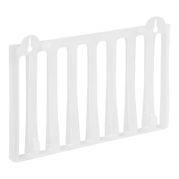 A white plastic rack with four bars and holes for sachet bags.