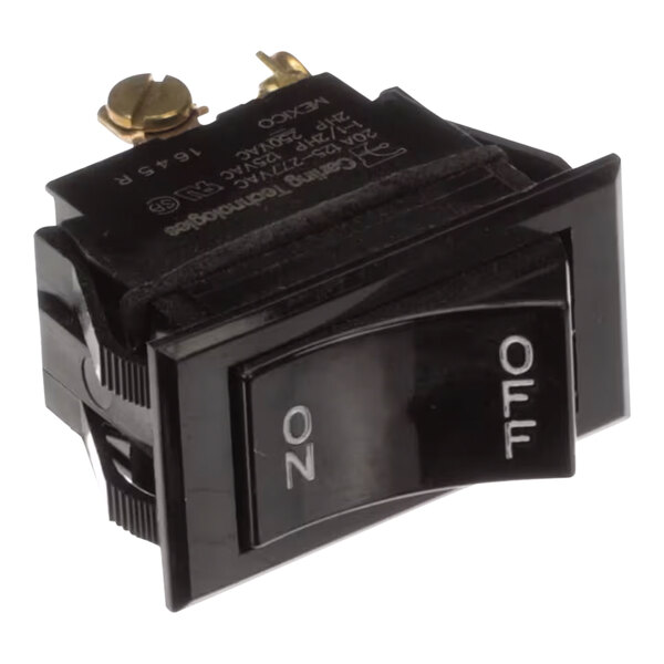 A close-up of a black Antunes rocker switch with white text.
