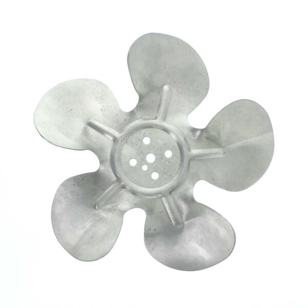 A silver metal fan blade with holes in it.