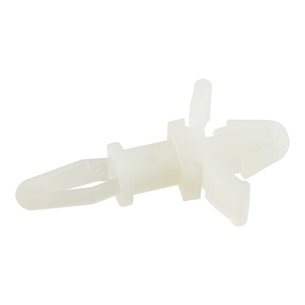 A white plastic Manitowoc Ice support clip with two holes.