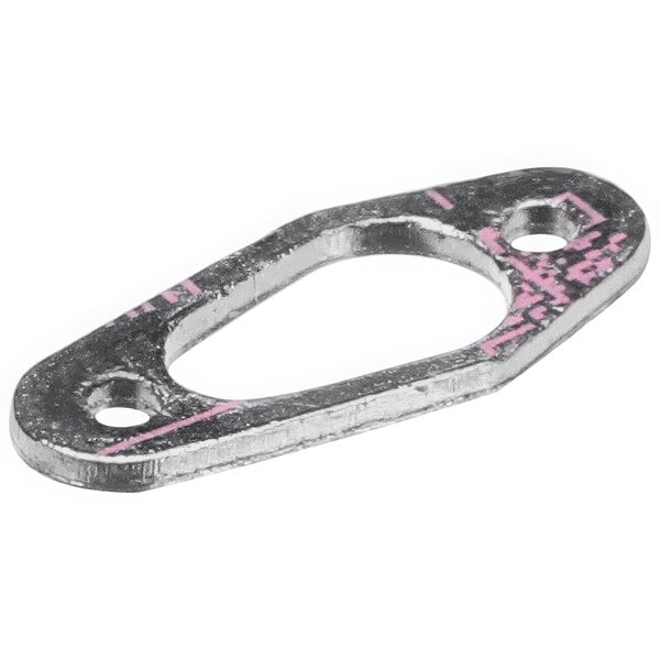 A silver metal gasket with pink paint on it.