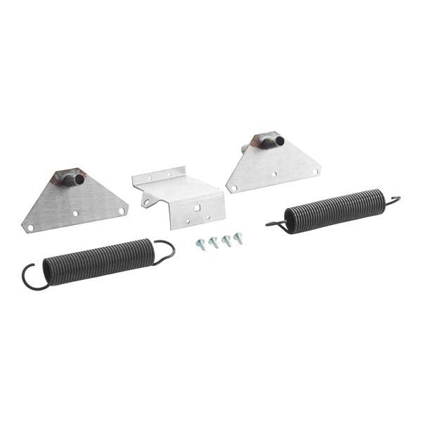 A set of metal brackets, springs, and screws, likely used as replacement parts for equipment maintenance or repair.