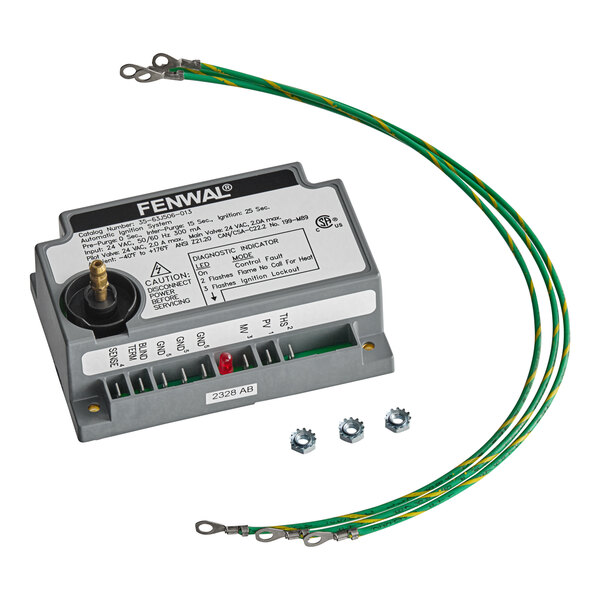 A grey Fenner control unit with a white label and wires connected.