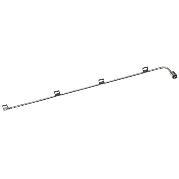 A stainless steel long metal rod with a metal bracket on one end.