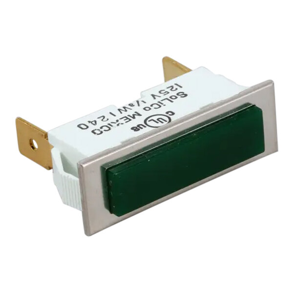 A rectangular green pilot light ignition indicator with metal prongs, designed for 125V electrical systems.
