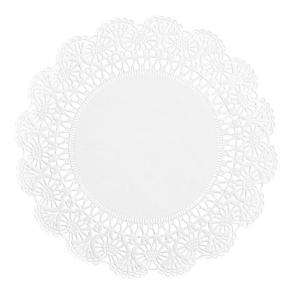A round white lace-patterned doily with an intricate, decorative border and a solid center.
