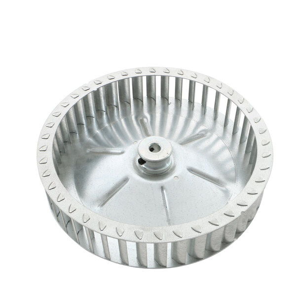A close-up of a metal NU-VU blower wheel.